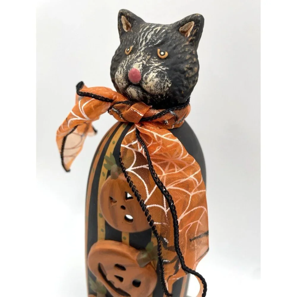 Halloween Black Cat Pumpkin Tea Candle Holder Ceramic Statue Folk Decoration 10" - Picture 7 of 11